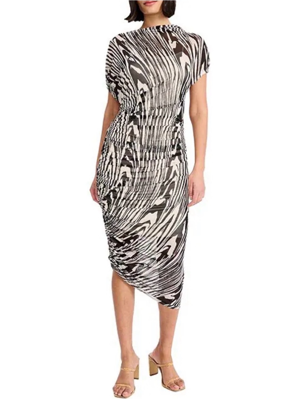 Donna Morgan Black & White Abstract Ruched Asymmetric Midi Dress